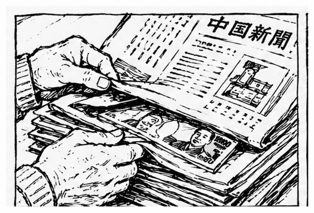 古新聞の間から現金を発見するイラスト
