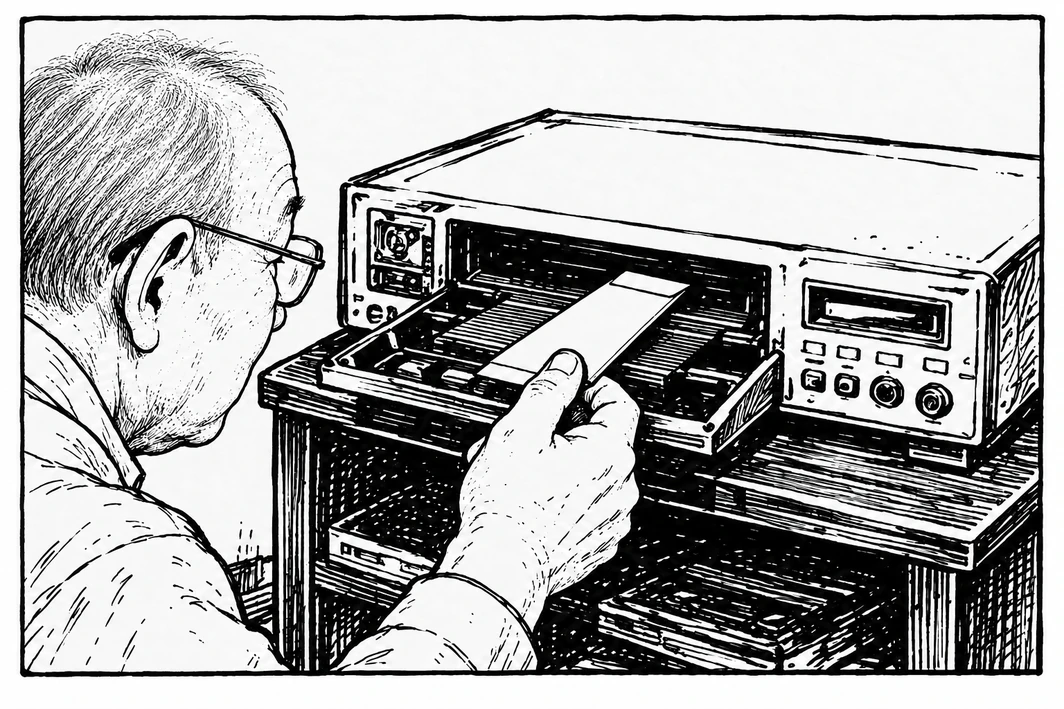 伊達憲司社長が古いビデオデッキから封筒を発見するイラスト
