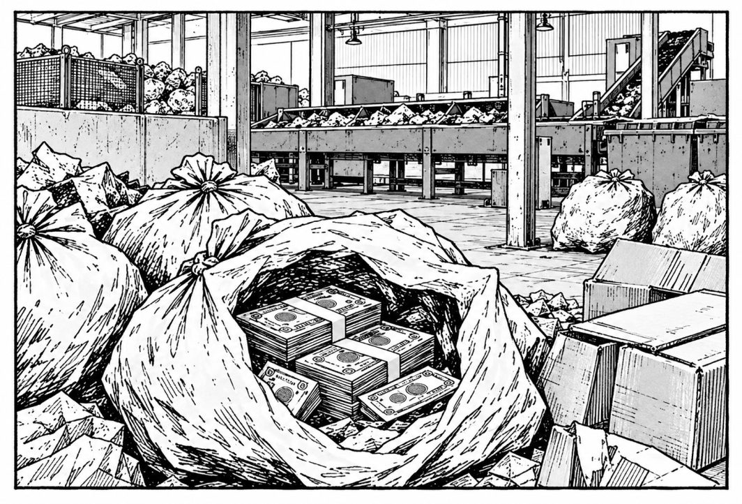 ゴミ処理施設で発見された現金のイラスト