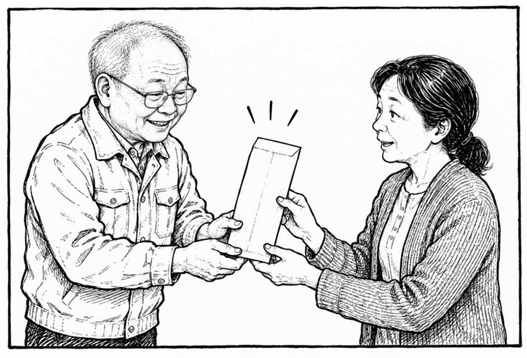 発見した現金を伊達憲司社長がお客様へ返却するイラスト