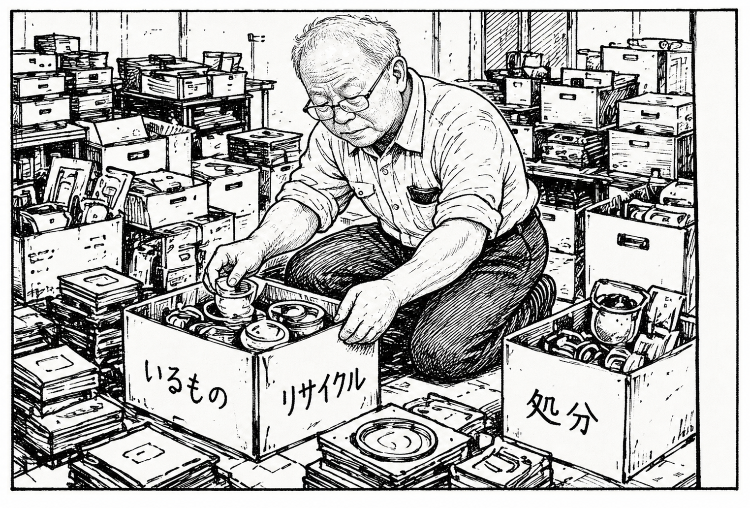 伊達憲司社長が遺品を、いるもの・リサイクル・処分へ仕分けするイラスト