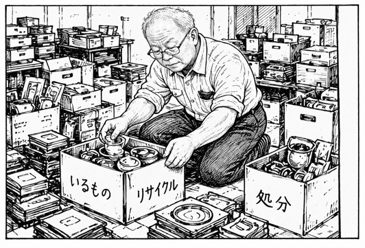 伊達憲司社長が品物を一つずつ仕分ける作業イメージ