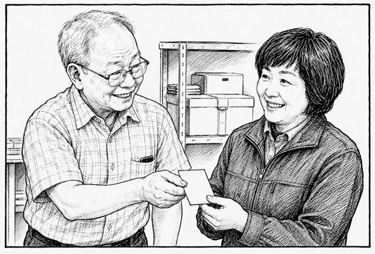 正直な申告をした作業員の田中さんに伊達憲司社長が賞金を渡すイラスト